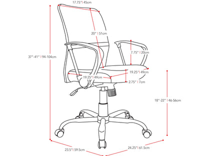 Red fabric office chair with ergonomic design, adjustable height, and black swivel base.