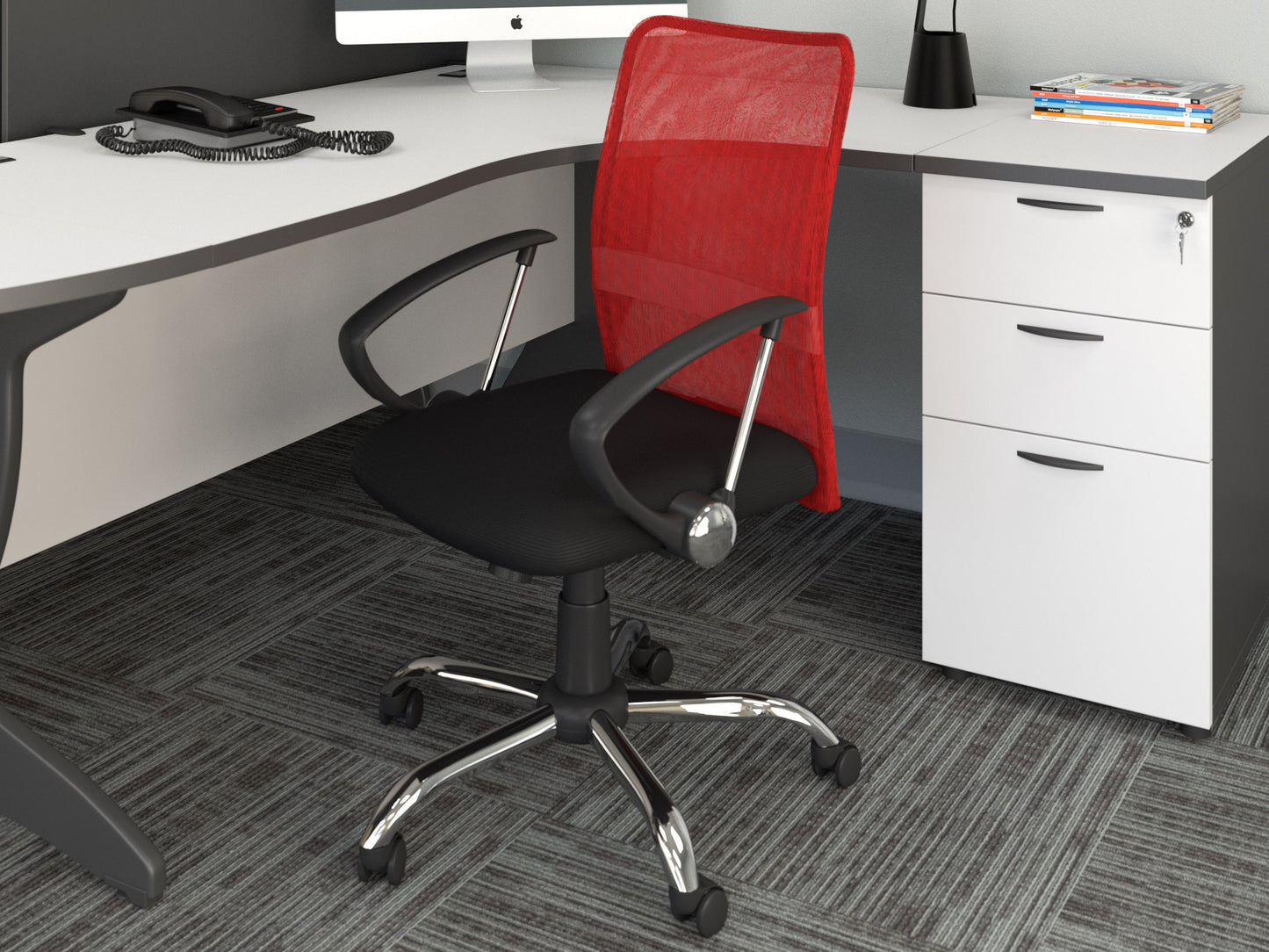 Red fabric office chair with ergonomic design, adjustable height, and swivel base, perfect for modern home offices.