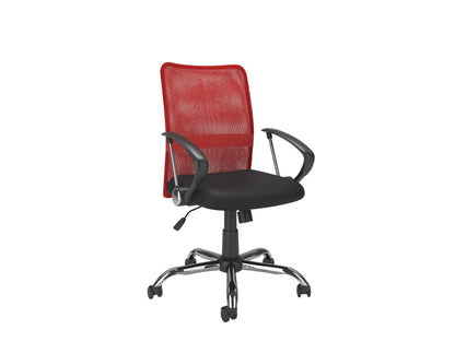 Red fabric office chair with ergonomic design, adjustable height, and sturdy black metal base.