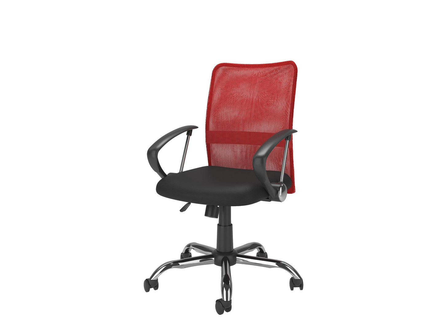 Red fabric office chair with ergonomic design, adjustable height, and swivel base.