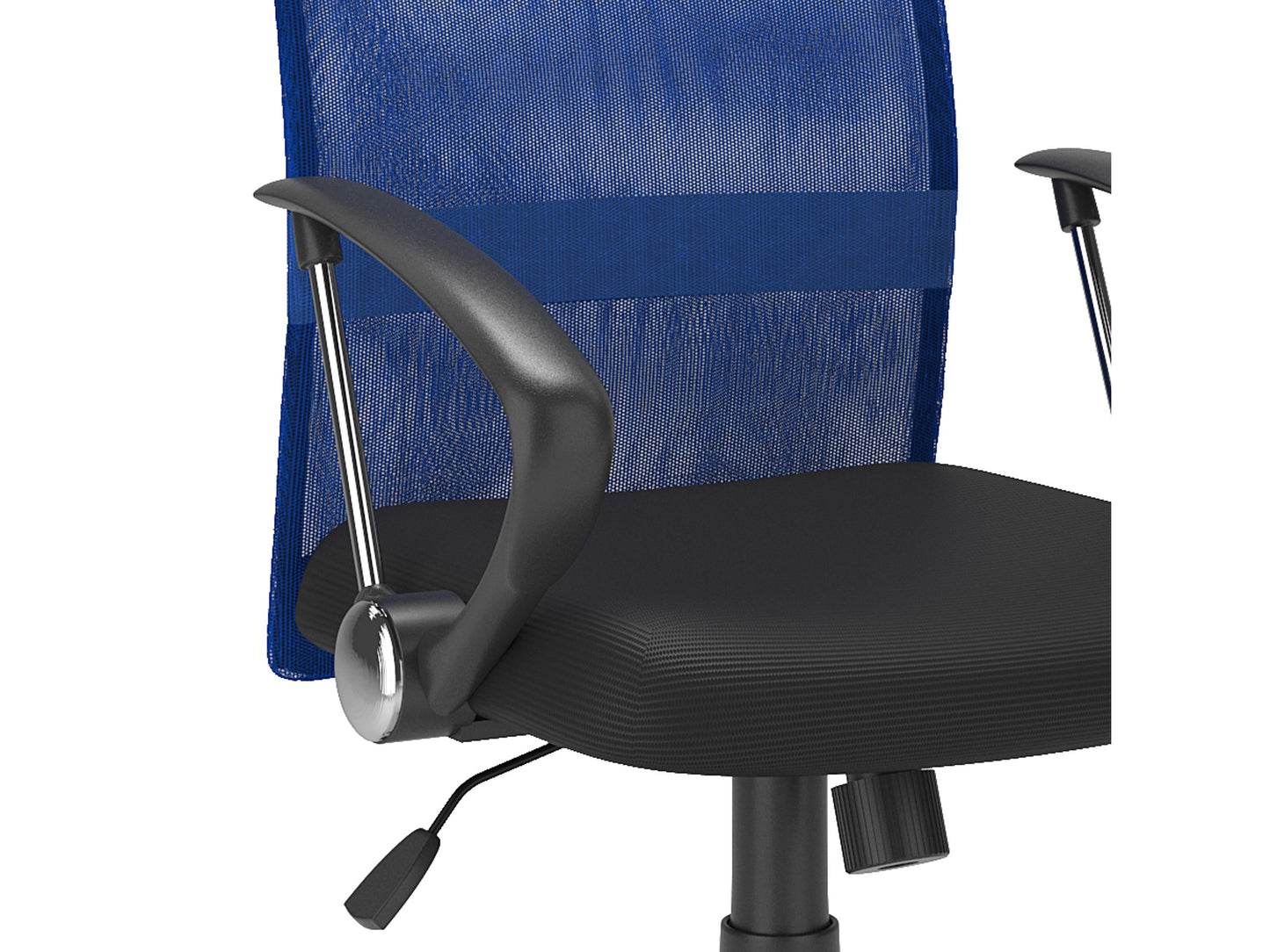 Blue fabric office chair with ergonomic design, padded seat, and adjustable height.