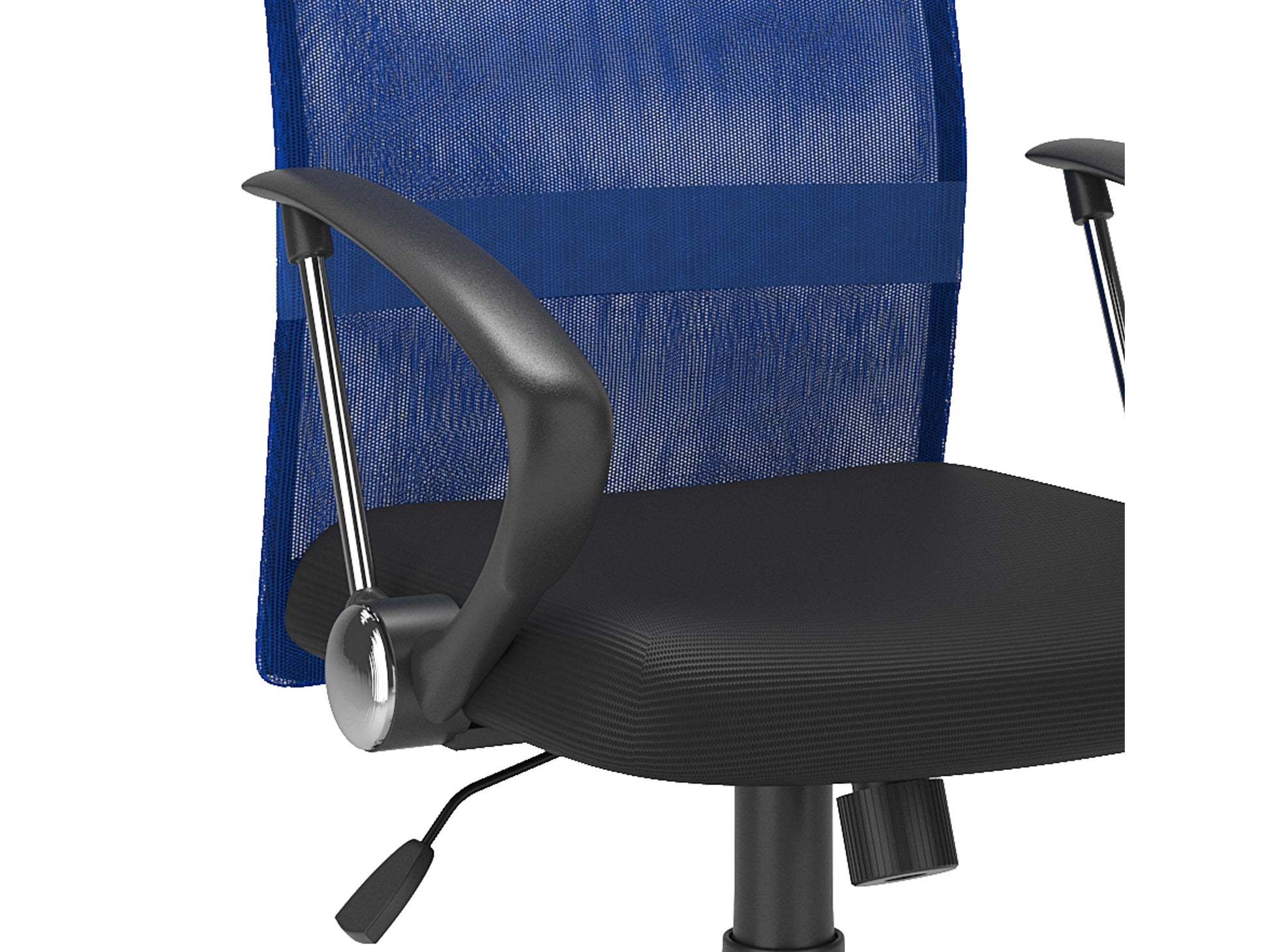 Blue fabric office chair with cushioned seat, ergonomic design, and adjustable height.