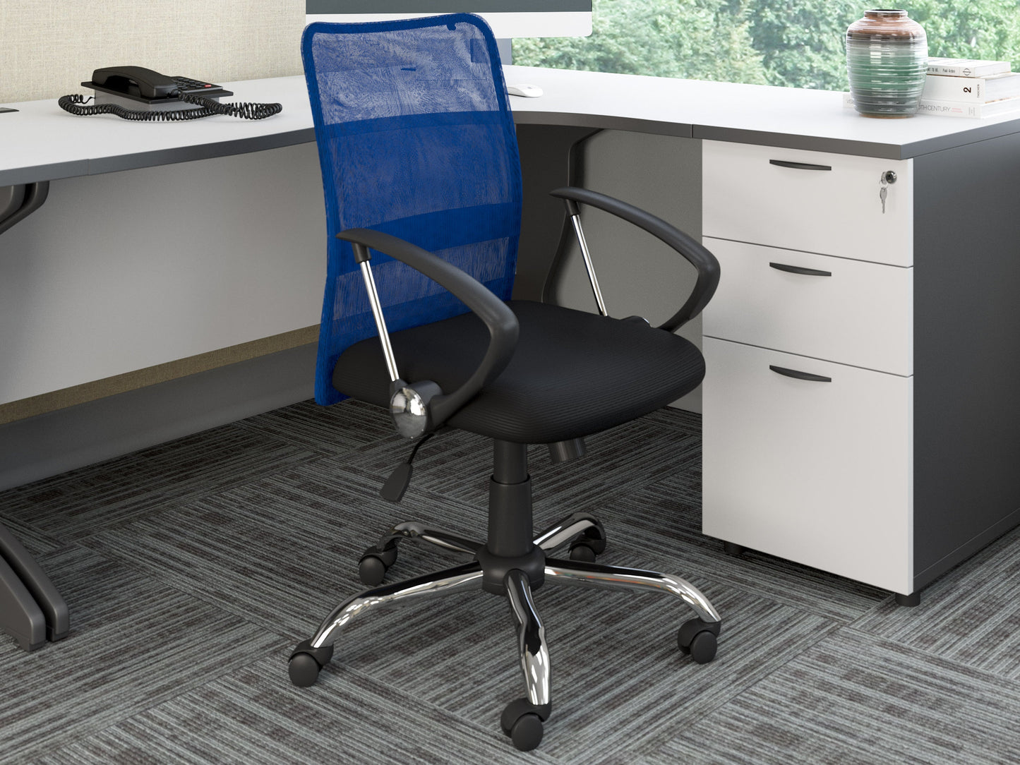 Blue fabric office chair with cushioned seat, ergonomic design, and adjustable height.