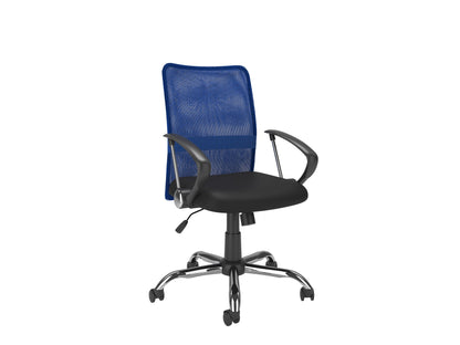 Blue fabric office chair with ergonomic design, padded seat, and adjustable height.