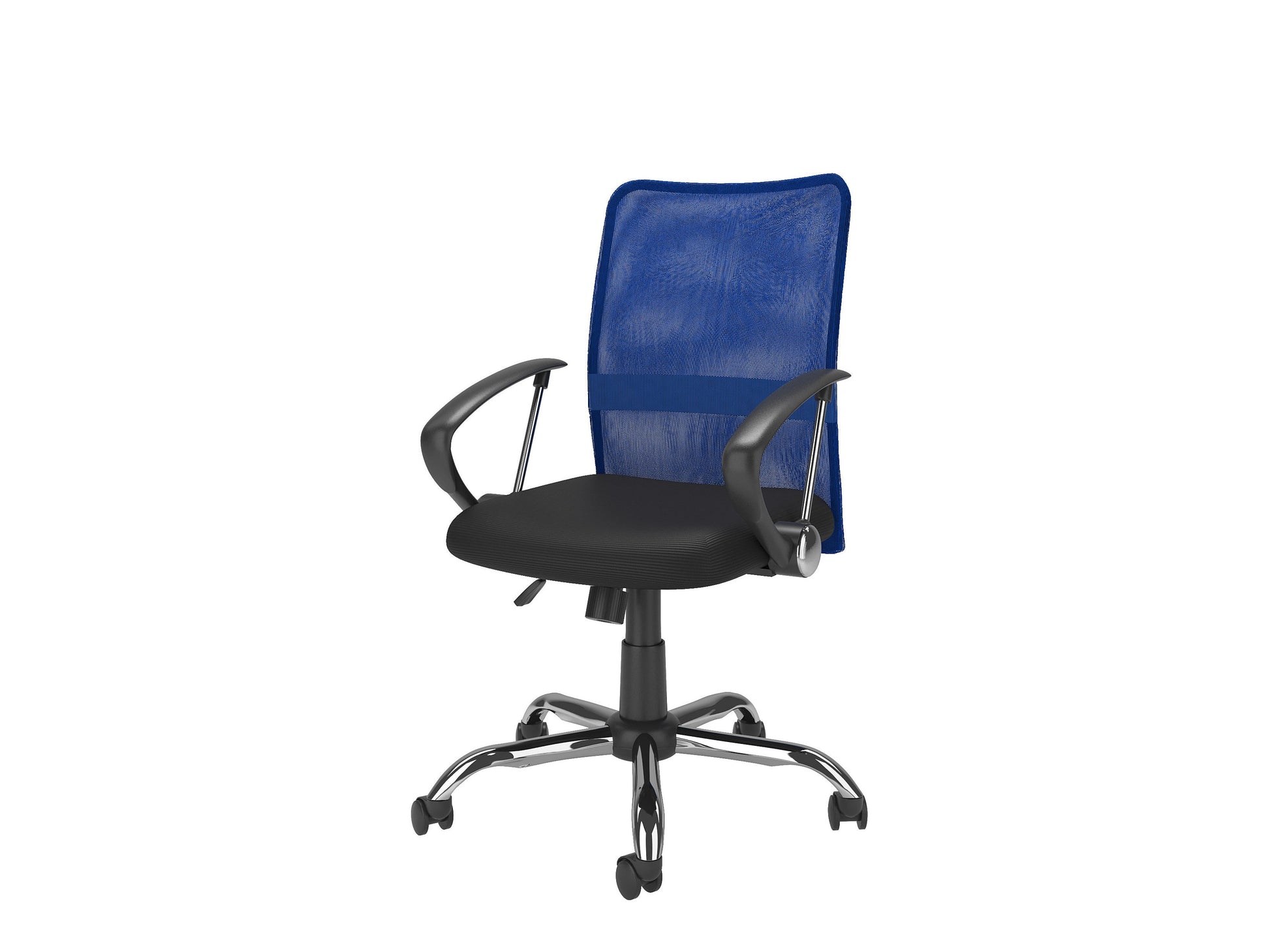 Blue fabric office chair with ergonomic design, adjustable height, and swivel base.