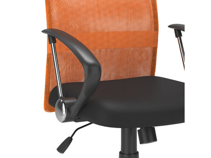 Orange fabric office chair with ergonomic design, adjustable height, and swivel base.