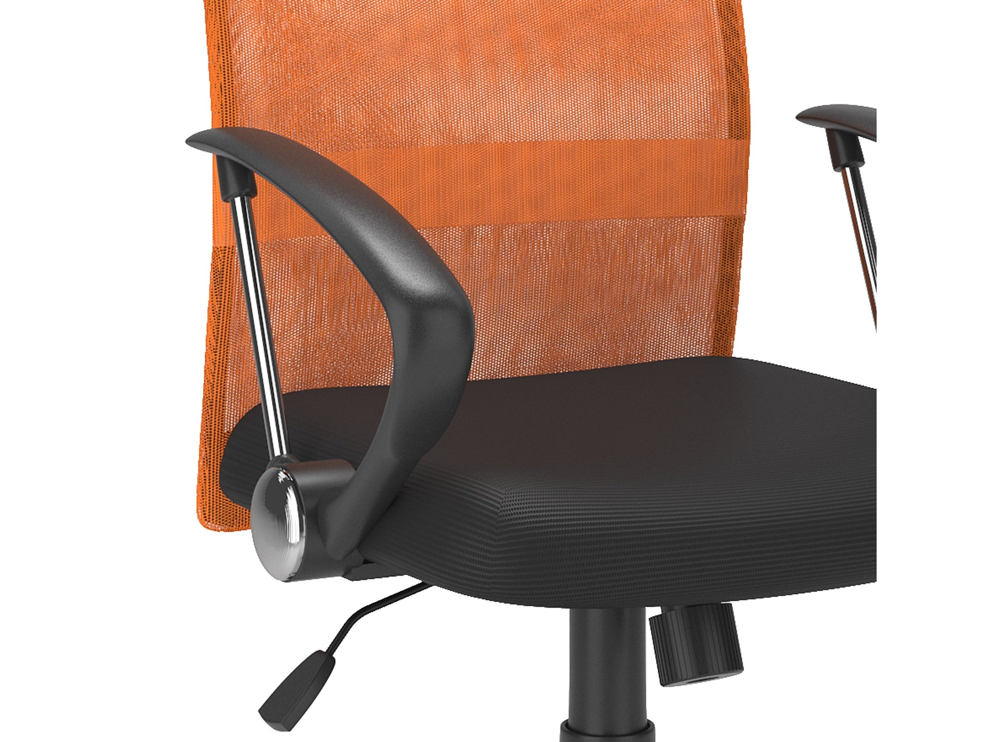 Orange fabric office chair with ergonomic design, padded seat, and adjustable height for modern office spaces.