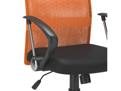 Orange fabric office chair with ergonomic design, padded seat, and adjustable height for modern office spaces.