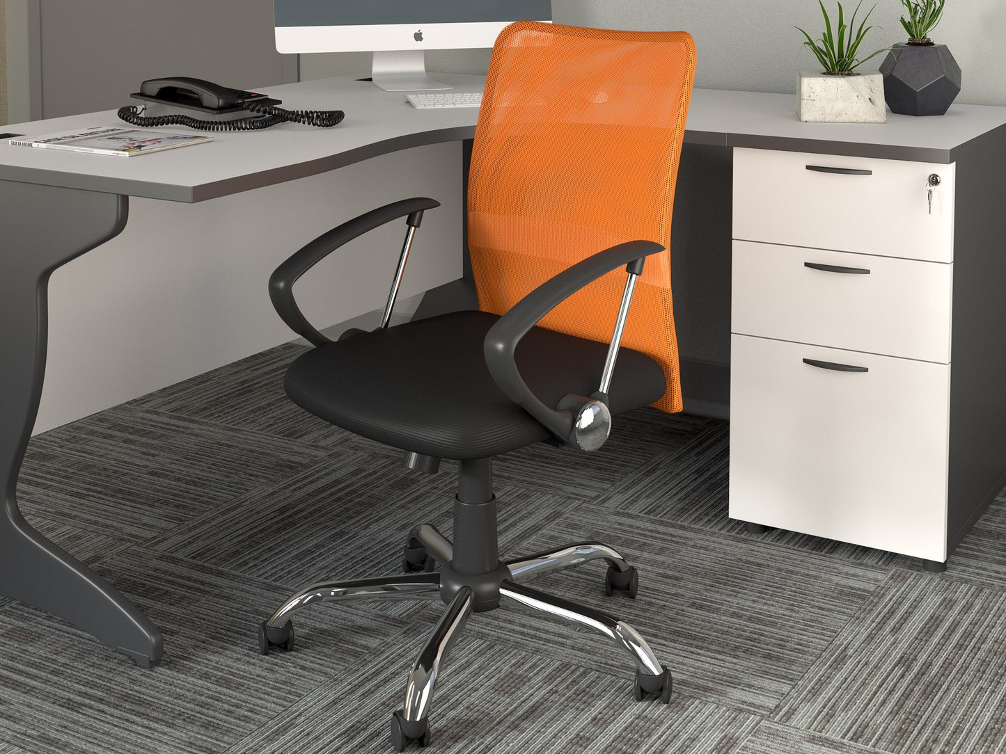 Orange fabric office chair with ergonomic design, adjustable height, and black metal base.