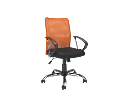 Orange fabric office chair with ergonomic design, adjustable height, and black metal base.