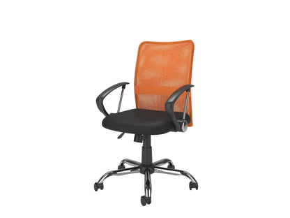 Orange fabric office chair with ergonomic design, adjustable height, and sleek black base.