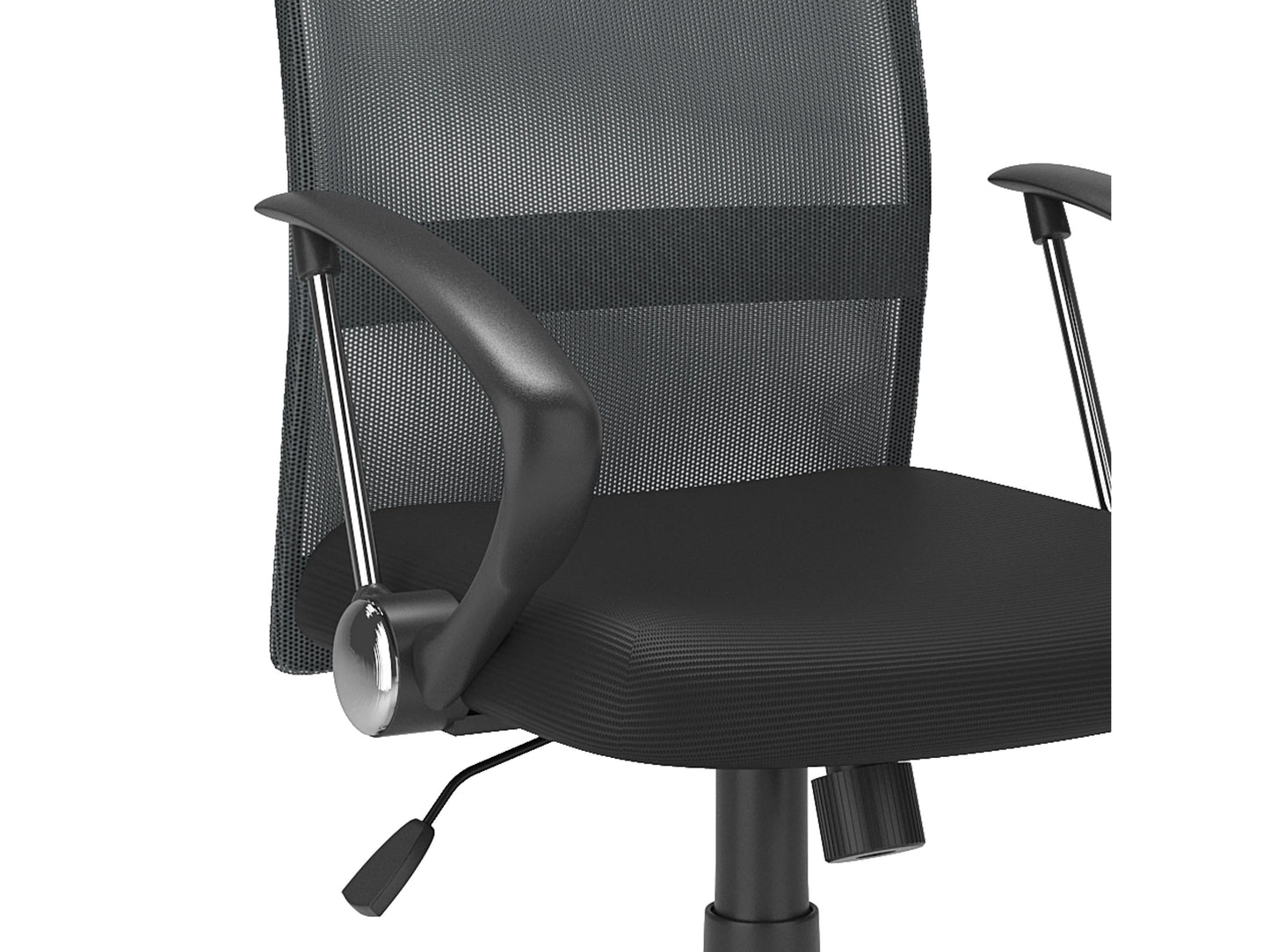 Dark grey fabric office chair with ergonomic design, adjustable height, and sturdy metal base.