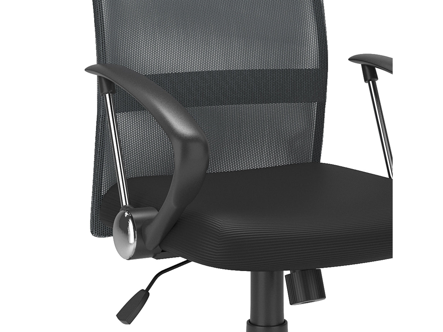 Dark grey fabric office chair with ergonomic design, adjustable height, swivel base, and padded armrests.