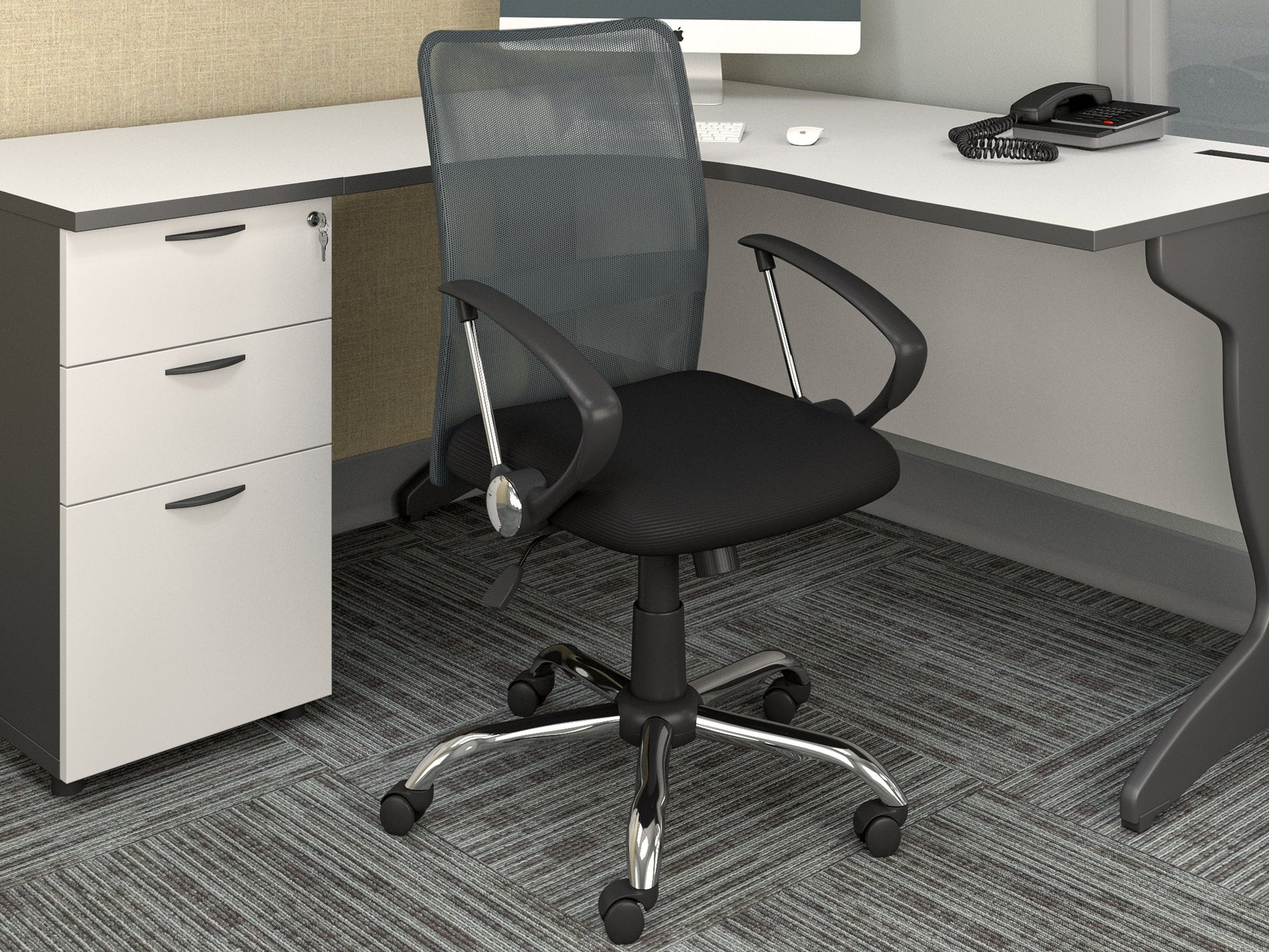 Dark grey fabric office chair with ergonomic design, adjustable height, and sturdy metal base.