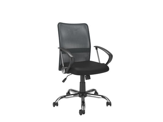 Dark grey fabric office chair with ergonomic design, adjustable height, and sleek metal base.