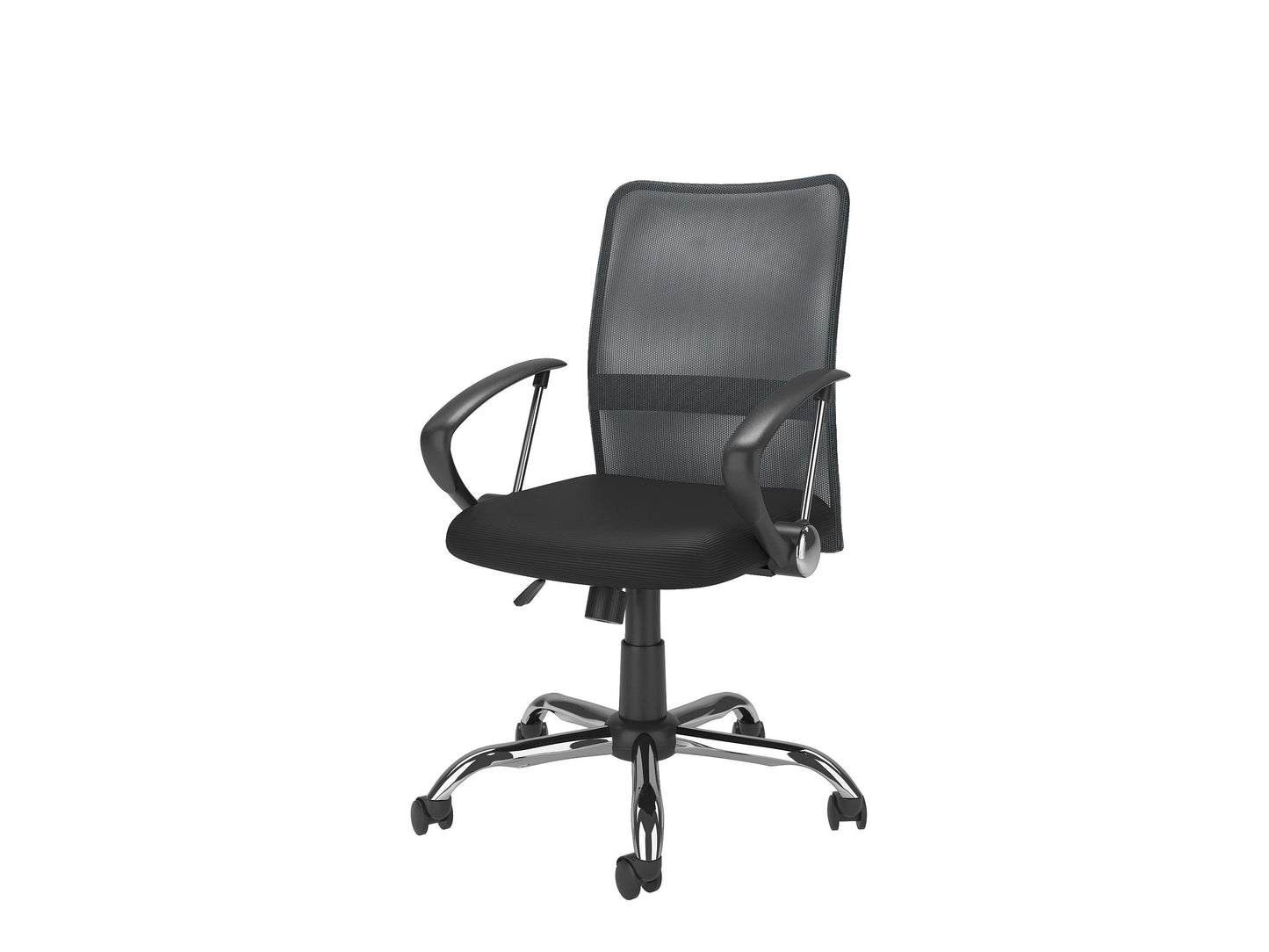 Dark grey fabric office chair with ergonomic design, adjustable height, and sturdy metal base.