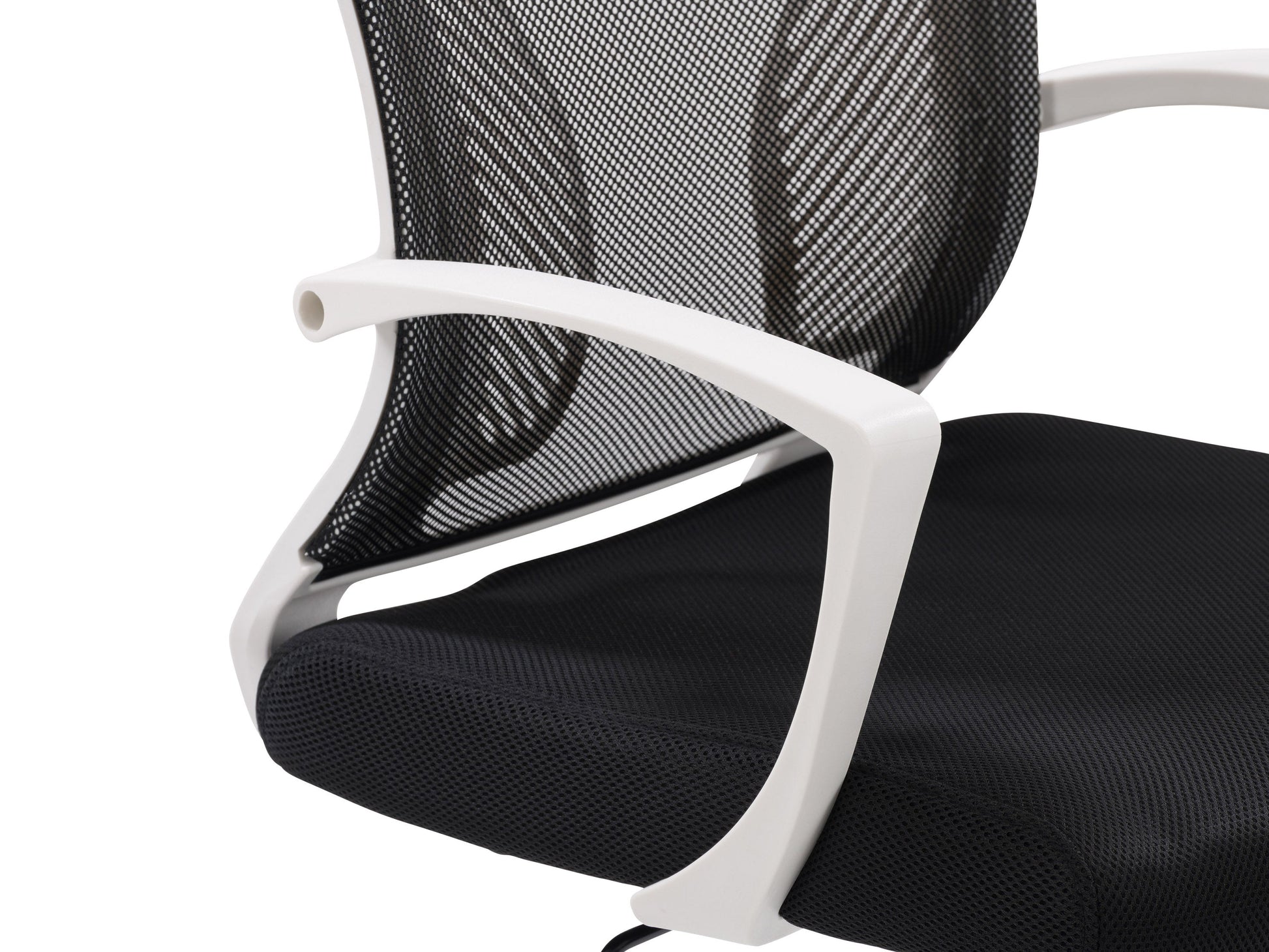 Black mesh task chair with white frame, ergonomic design, adjustable height, and lumbar support for office use.