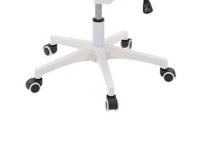 Black mesh task chair with white frame, ergonomic design, adjustable armrests, and lumbar support for office use.