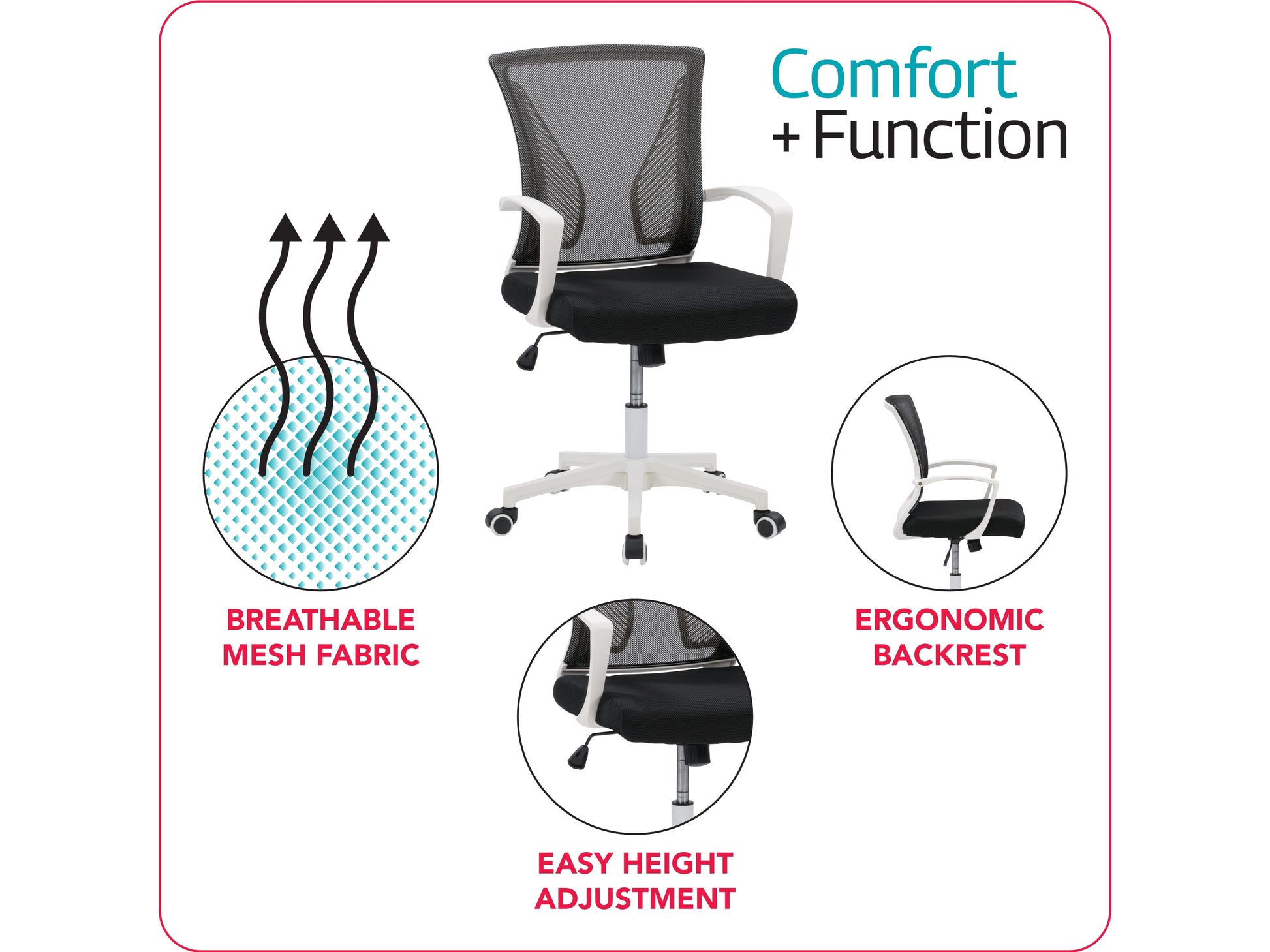 Black mesh task chair with white frame, ergonomic design, adjustable height, and swivel base for office use.