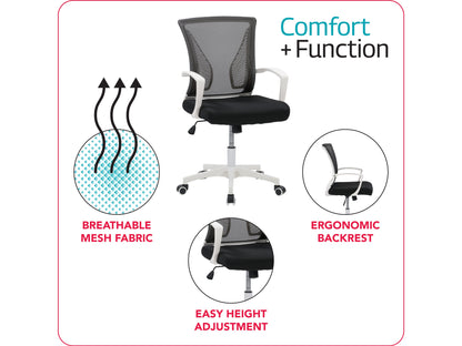 Black mesh task chair with white frame, ergonomic design, adjustable height, and swivel base for office use.