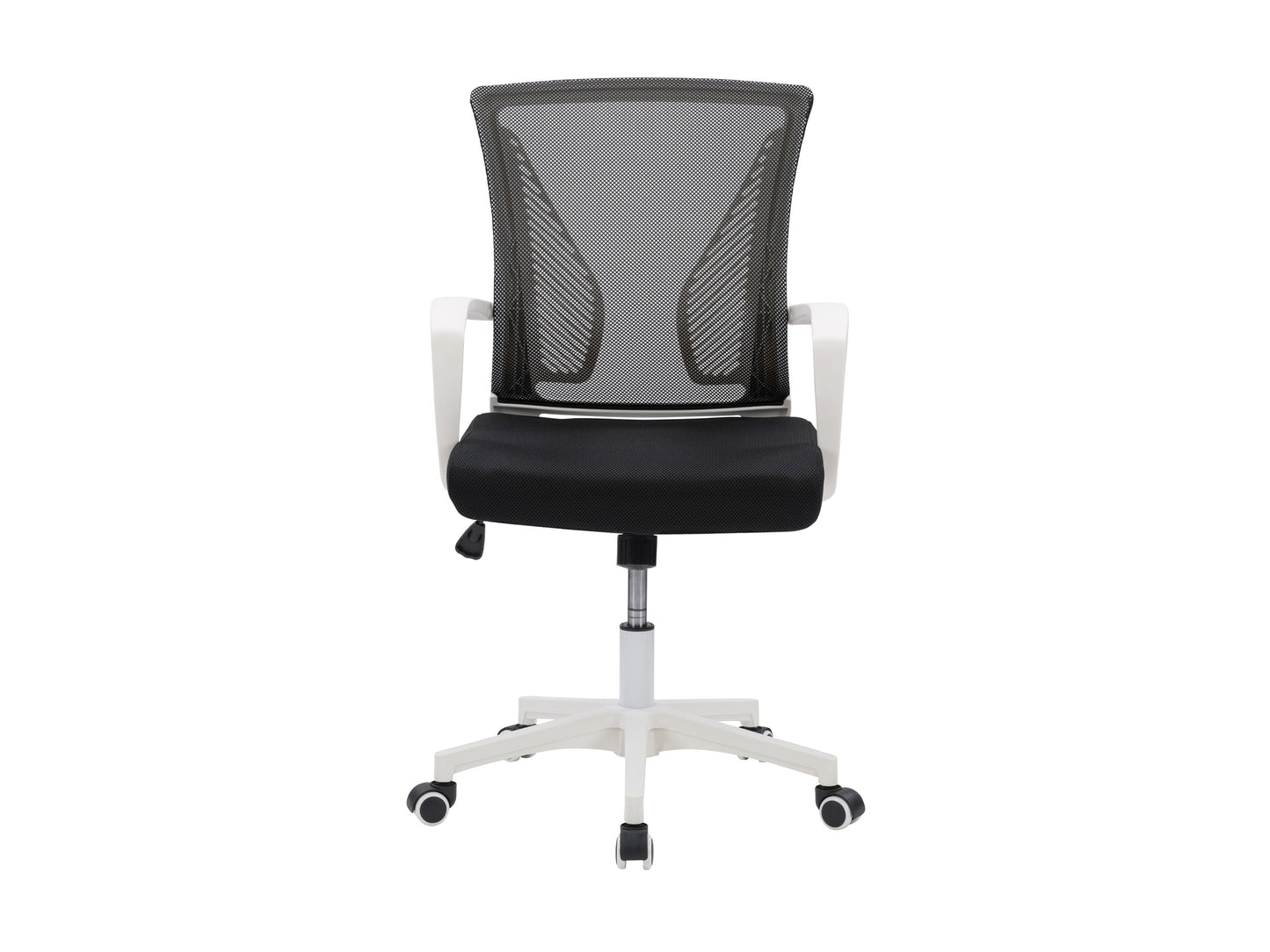 Ergonomic black mesh office chair with white frame, adjustable armrests, and lumbar support.