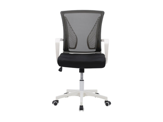 Ergonomic black mesh office chair with white frame, adjustable armrests, and lumbar support.