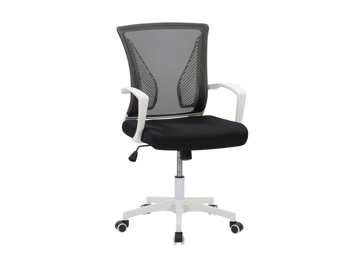 Black and white mesh task chair with ergonomic design, adjustable height, and lumbar support for office use.