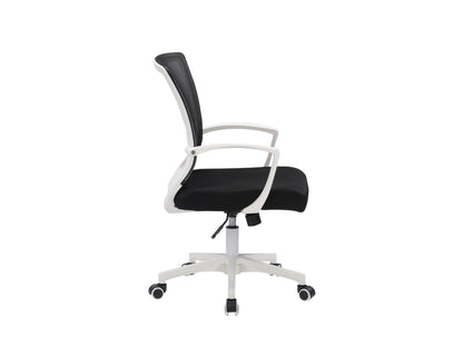 Black and white mesh task chair with ergonomic design, adjustable height, and lumbar support for office use.