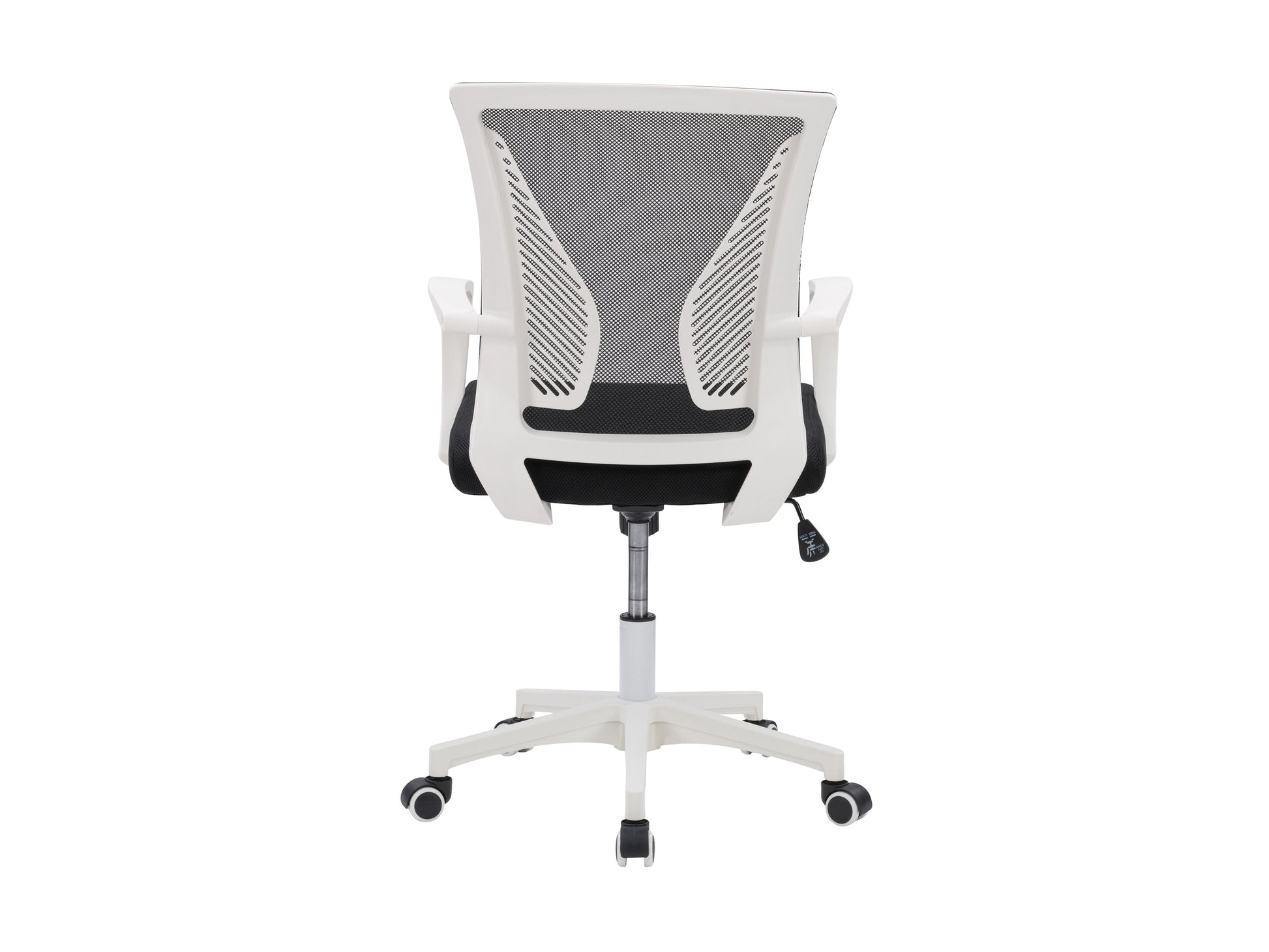 Black mesh task chair with white frame, ergonomic design, adjustable height, and lumbar support for office use.