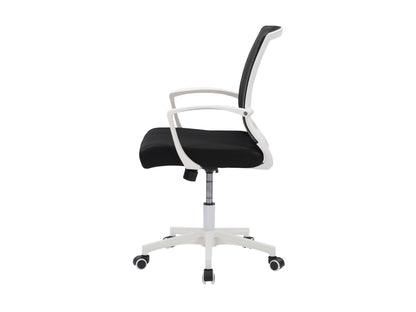 Black and white mesh office task chair with ergonomic design, adjustable height, and lumbar support.