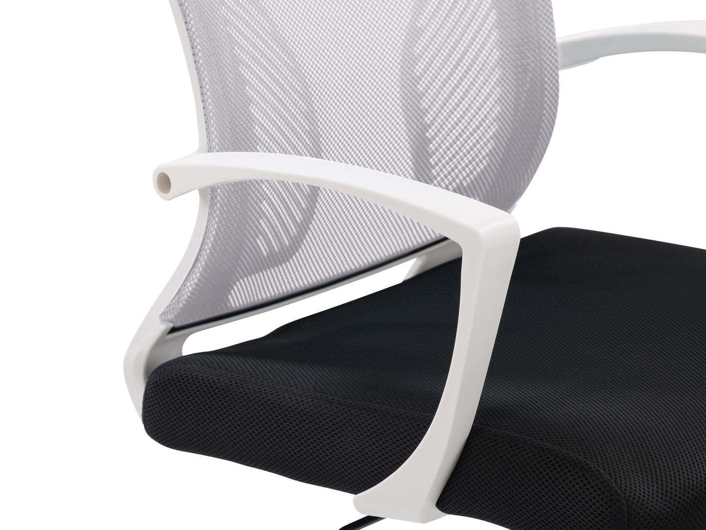 Grey mesh task chair with white frame, ergonomic design, adjustable height, and lumbar support.