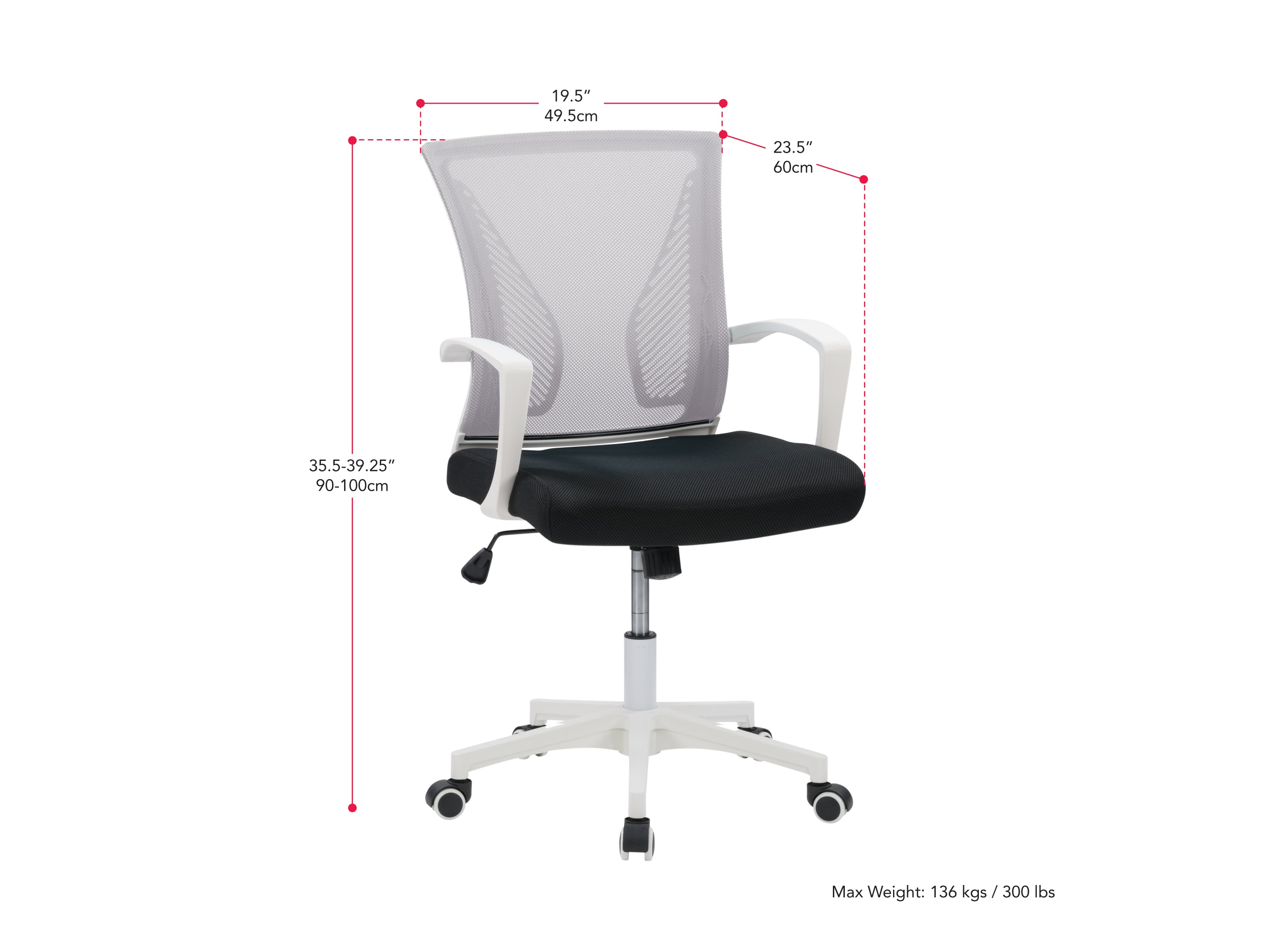 Ergonomic grey mesh office chair with white frame, adjustable armrests, and lumbar support.