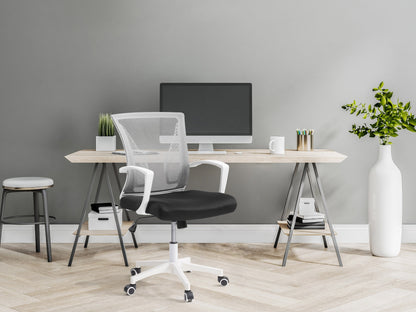 Ergonomic grey mesh office chair with white frame, adjustable height, and lumbar support.