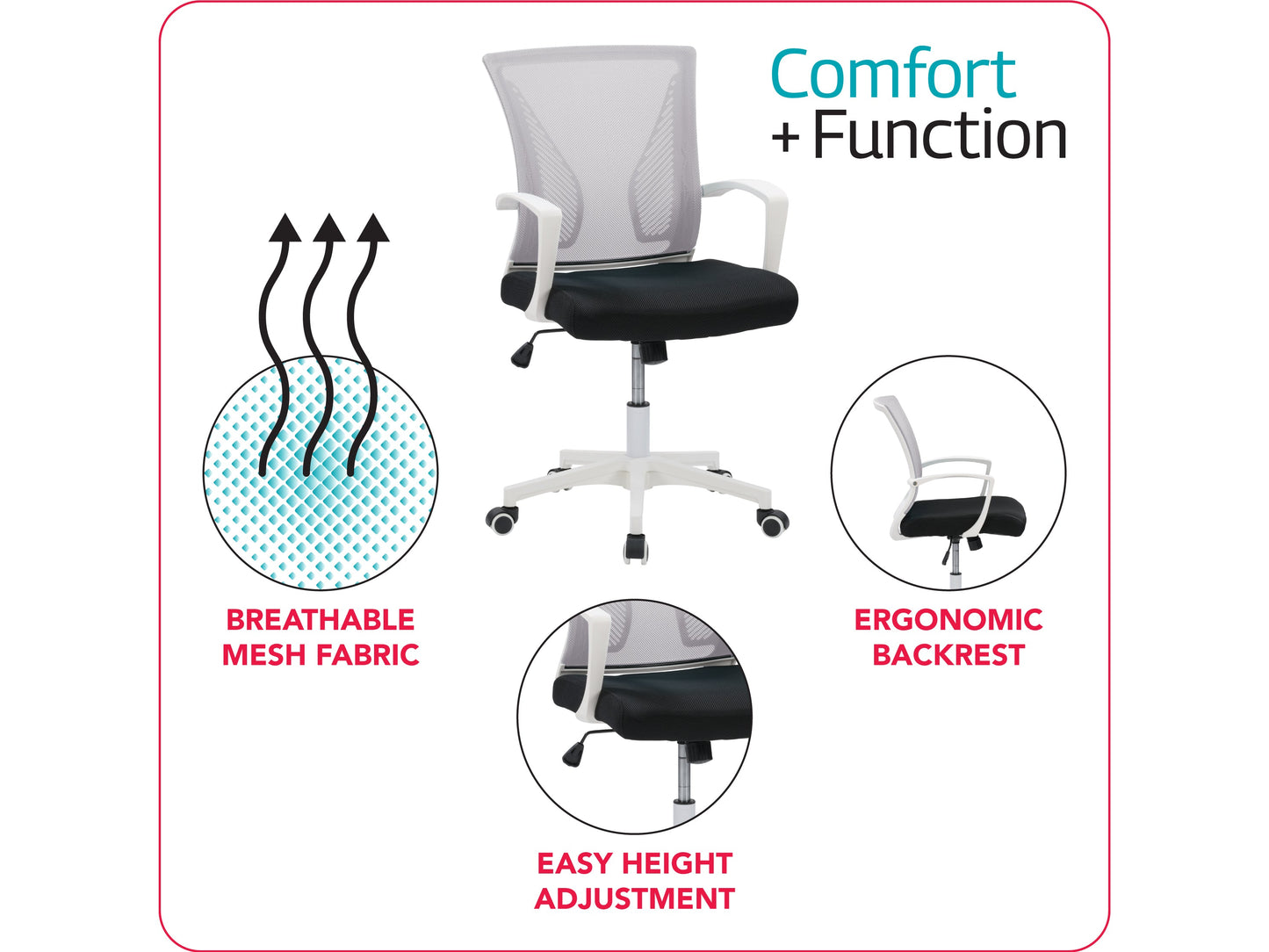 Grey mesh task chair with white frame, ergonomic design, adjustable height, and lumbar support for office use.