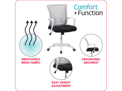 Grey mesh task chair with white frame, ergonomic design, adjustable height, and lumbar support for office use.