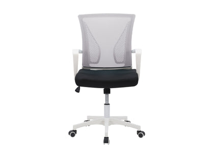 Grey mesh office chair with white frame, ergonomic design, adjustable height, and lumbar support.