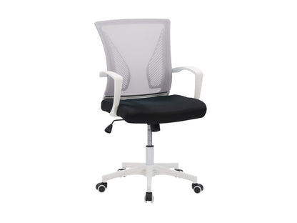 Grey mesh task chair with white frame, ergonomic design, adjustable height, and lumbar support for office use.