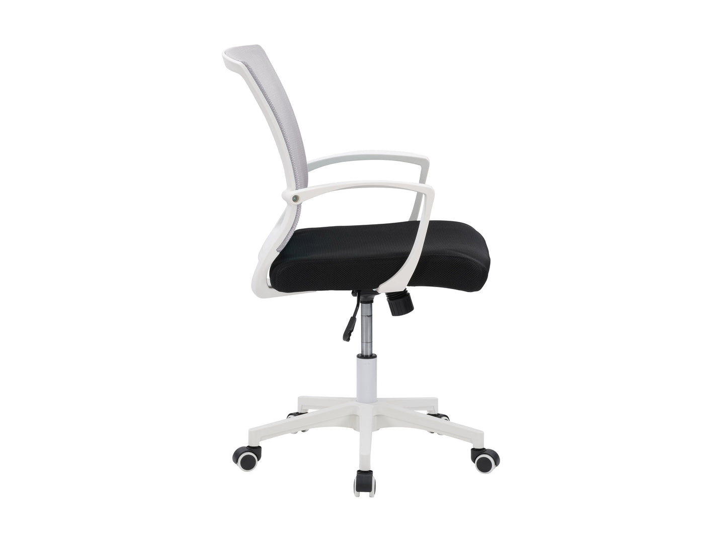 Ergonomic grey mesh office chair with white frame, adjustable height, and lumbar support for comfortable seating.