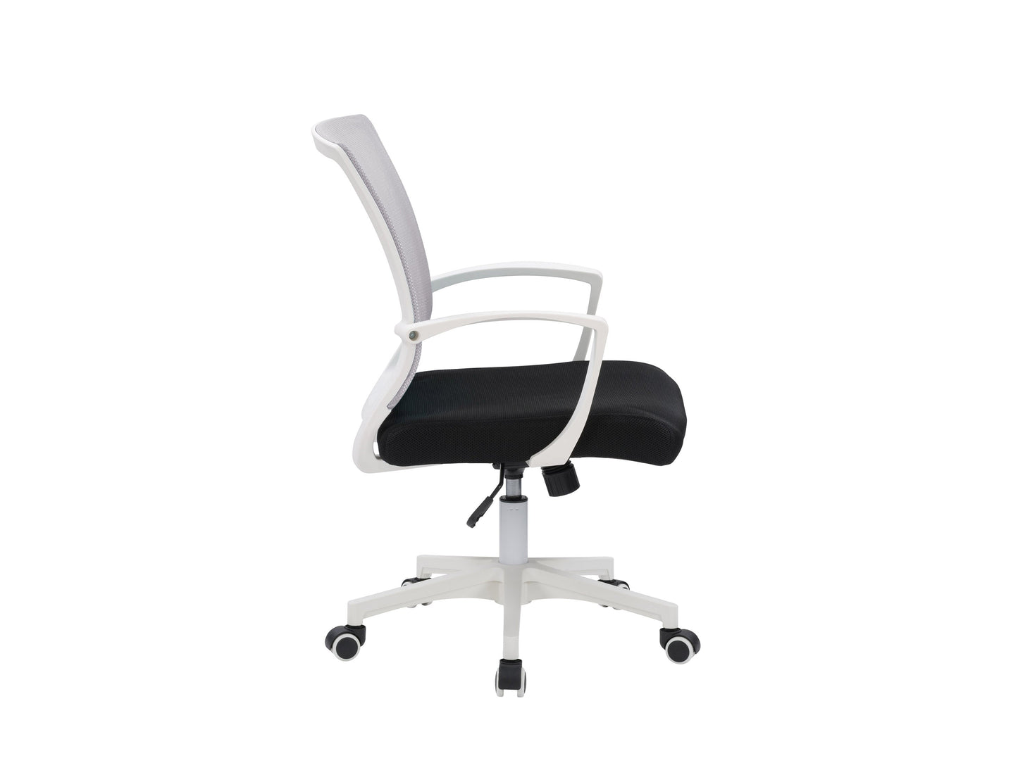 Grey mesh task chair with white frame, ergonomic design, adjustable height, and swivel base for office use.