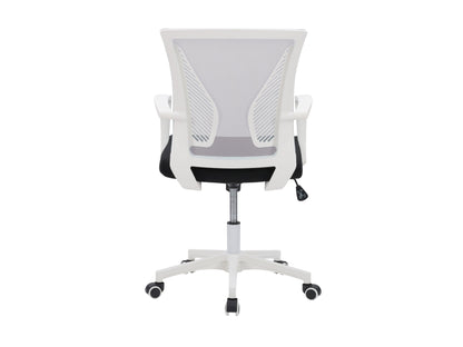 Grey mesh task chair with white frame, ergonomic design, adjustable height, and lumbar support for office use.