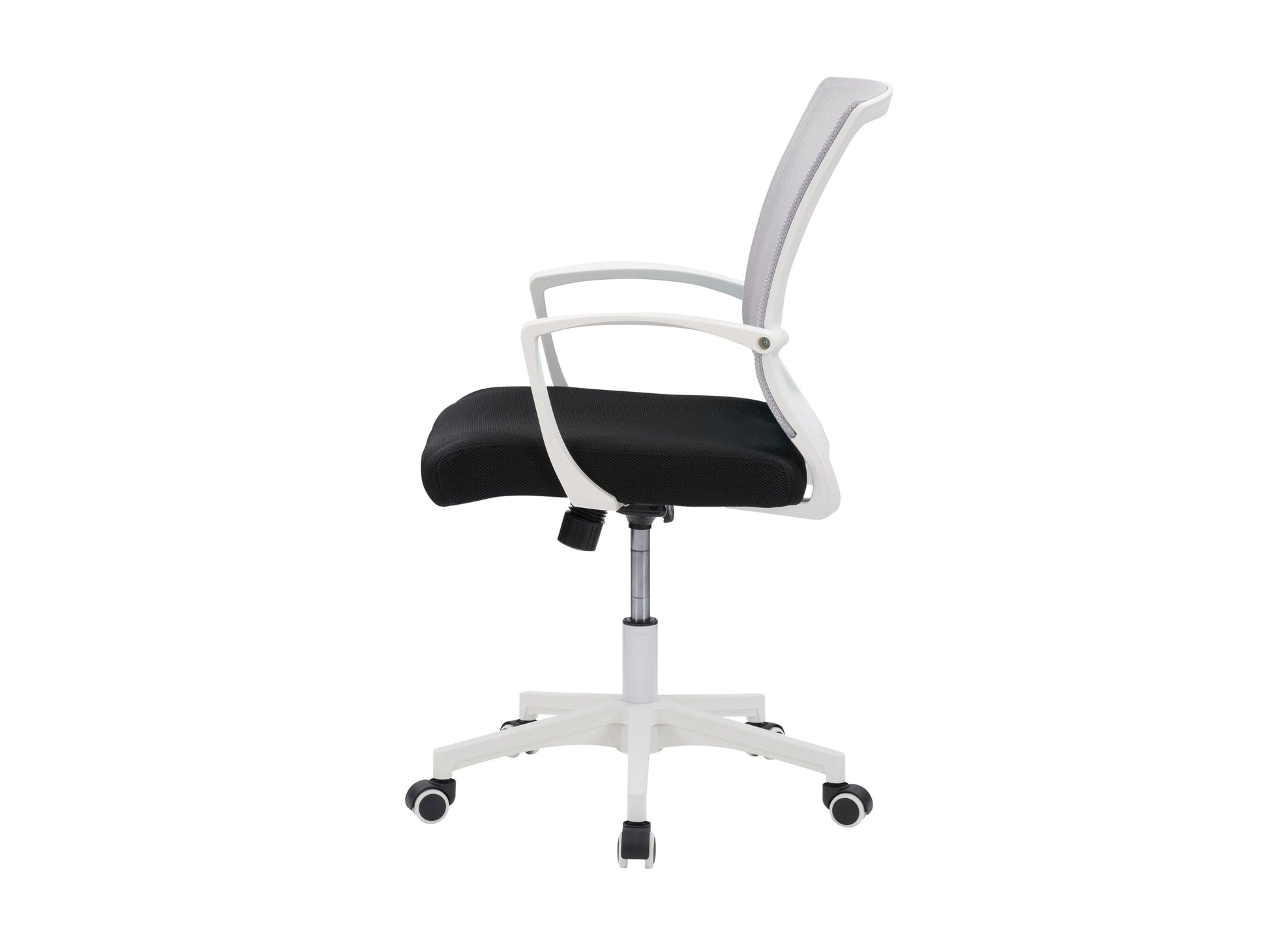 Grey mesh office task chair with white frame, ergonomic design, adjustable height, and lumbar support.