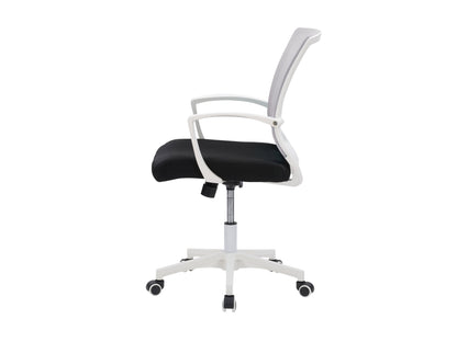 Grey mesh office task chair with white frame, ergonomic design, adjustable height, and lumbar support.