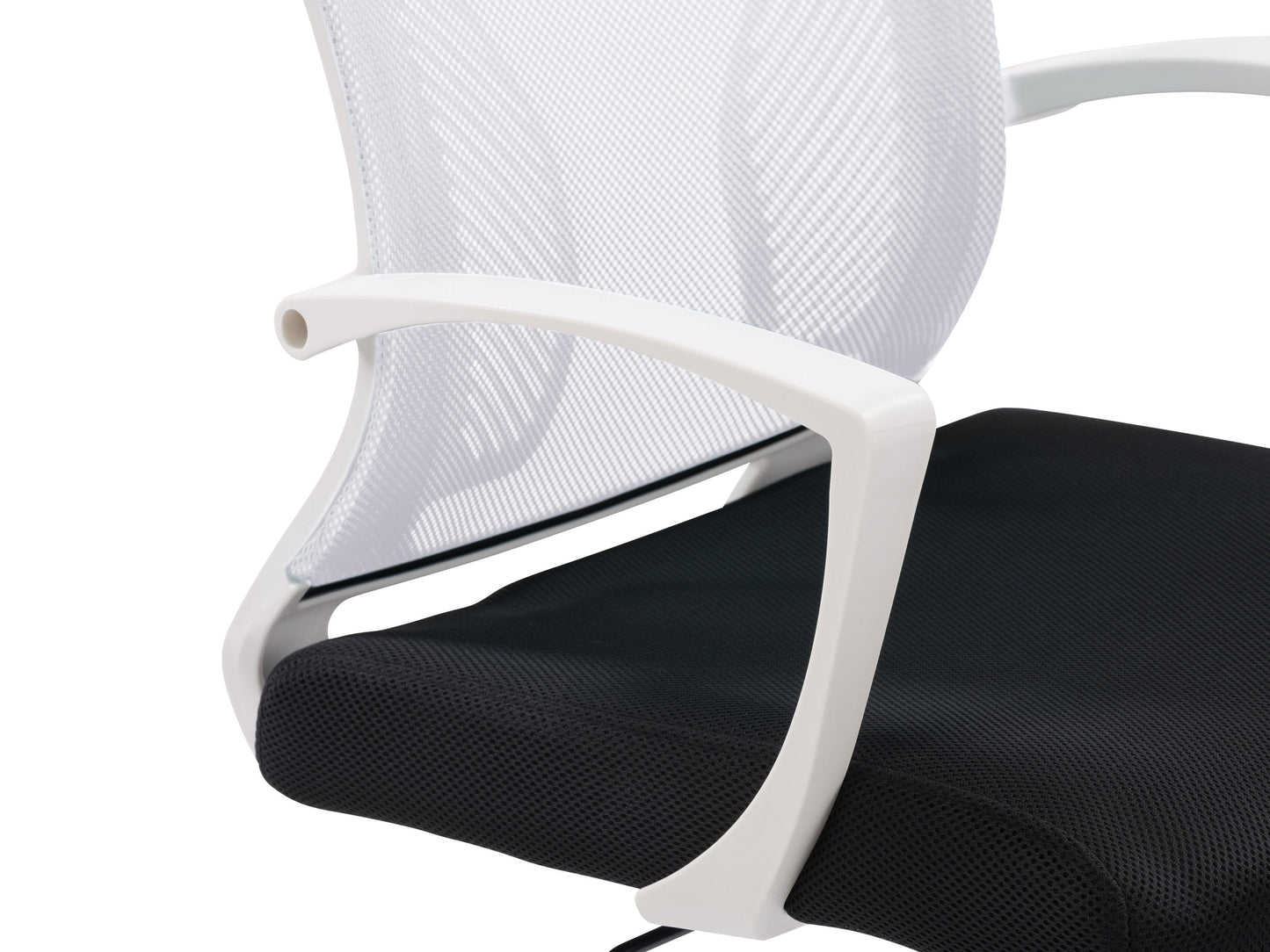 White mesh task chair with ergonomic design, adjustable height, and swivel base for office use.