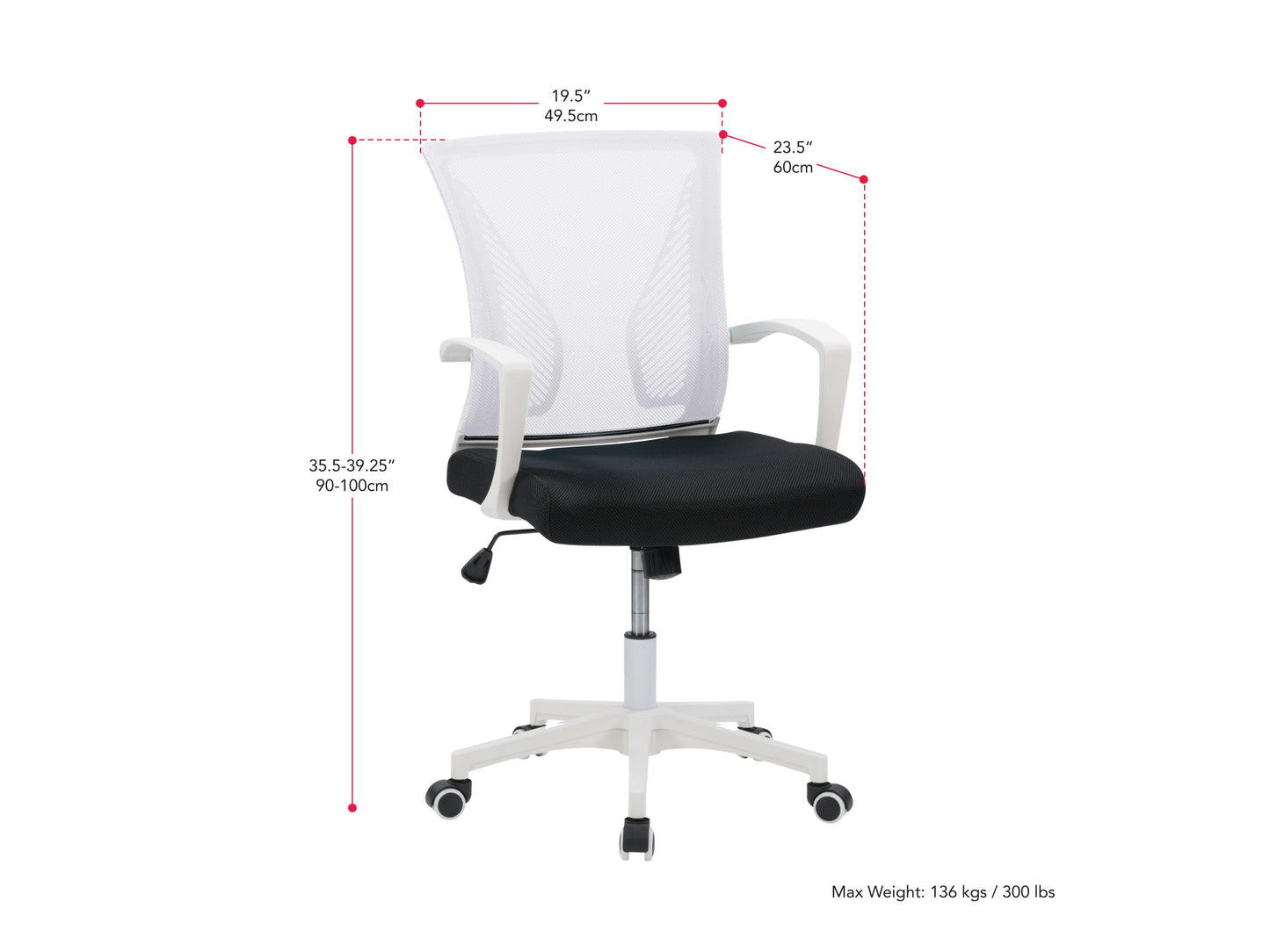 White mesh task chair with ergonomic design, adjustable height, and black base for office use.