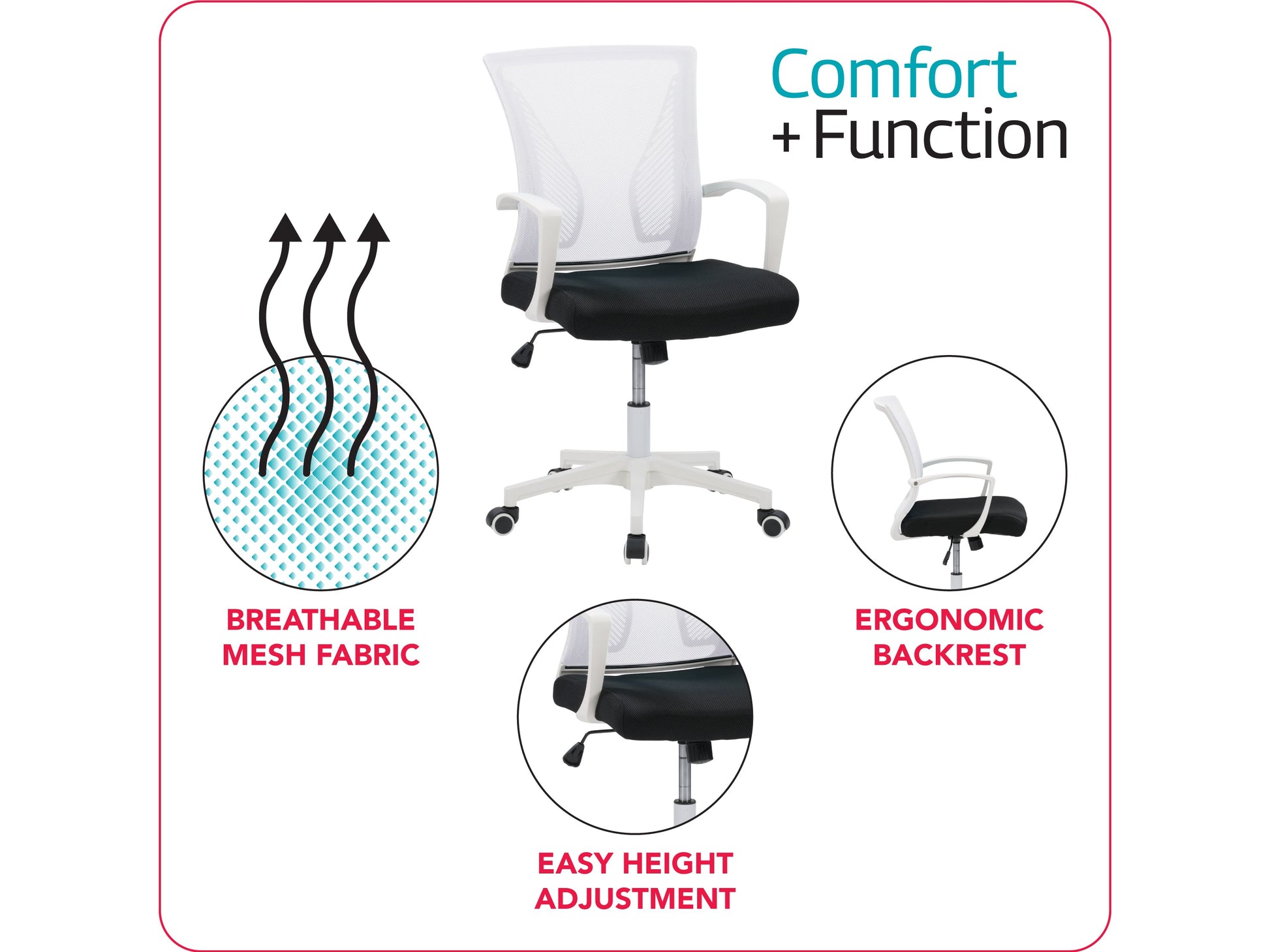 White mesh task chair with ergonomic design, adjustable height, and lumbar support for office use.