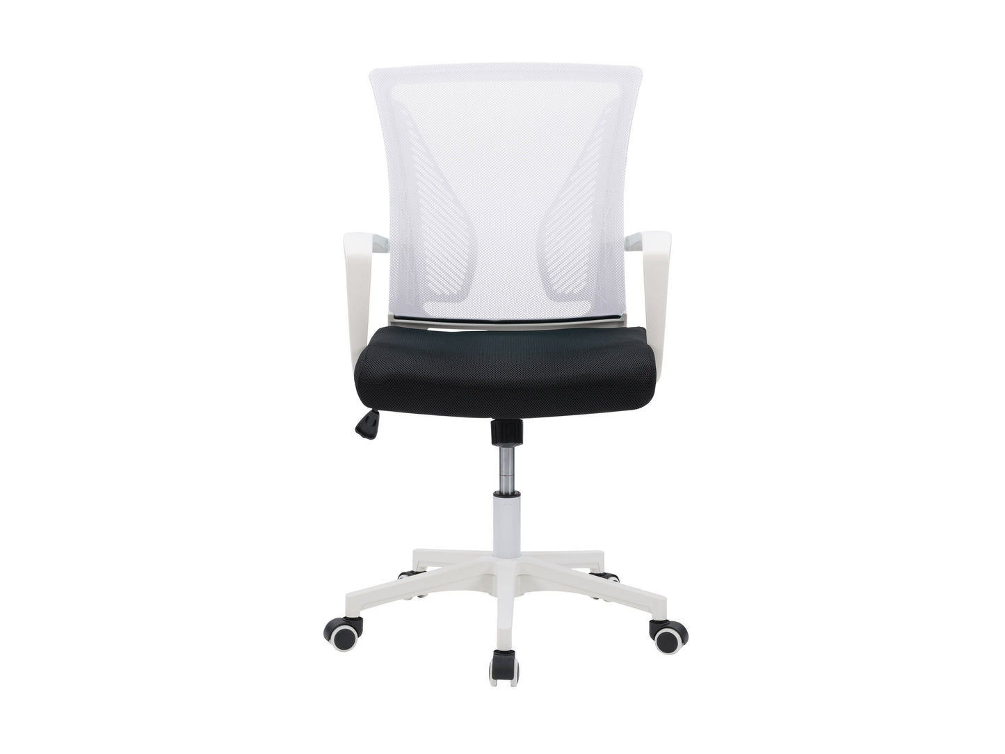 White mesh task chair with ergonomic design, adjustable height, padded seat, and swivel base for office use.