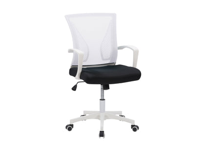 White mesh task chair with ergonomic design, adjustable height, and black base for office use.