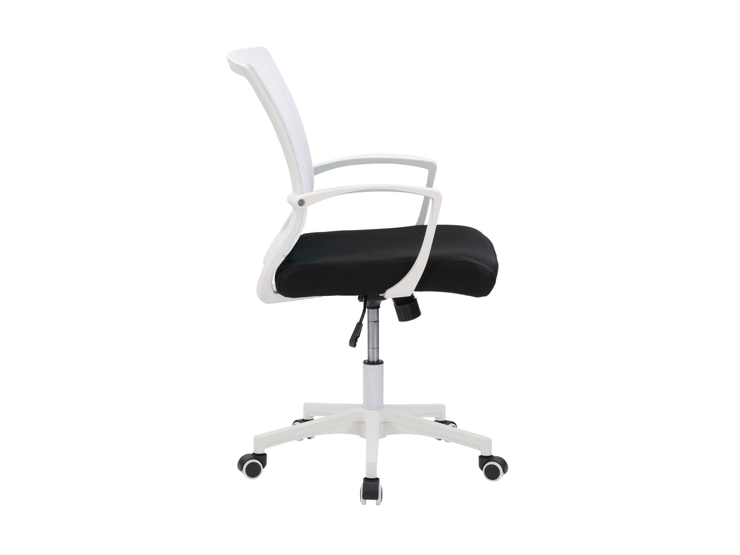 Ergonomic white mesh office chair with adjustable armrests and lumbar support.