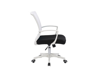 White mesh office task chair with adjustable height, ergonomic design, and black swivel base.