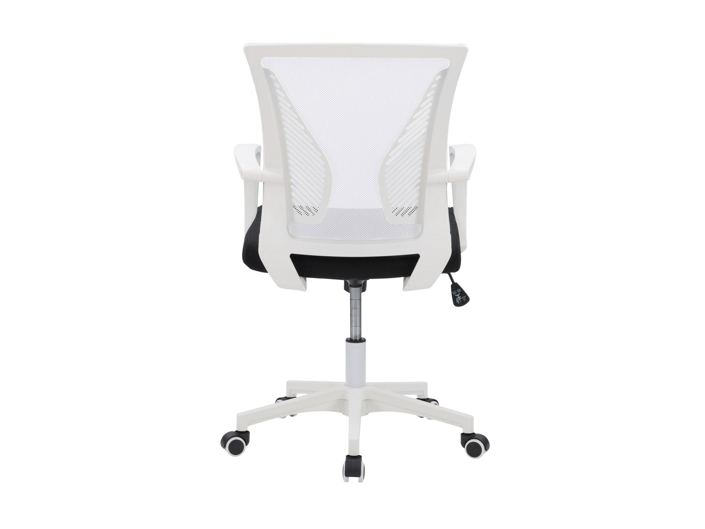 White mesh office chair with adjustable height, ergonomic design, and rolling casters.